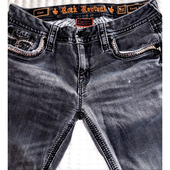 Rock Revival Jeans Clair Easy Skinny Stretch Fleur De Lis Black Women's 29Wx32L - Picture 4 of 8